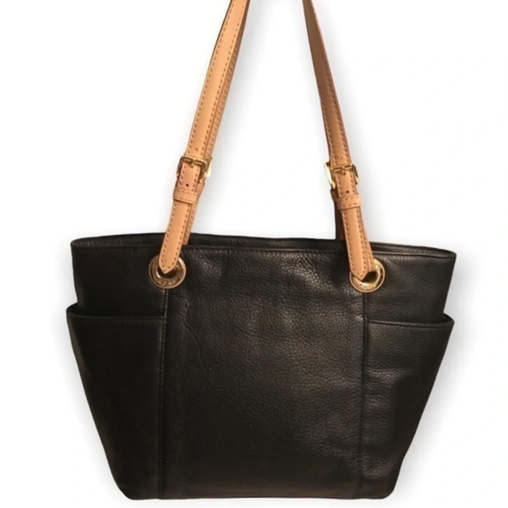 Michael kors black leather zippered tote bag